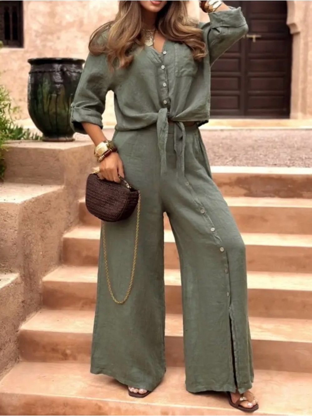 Women's Olive Wide-Leg Button-Front Jumpsuit - Picture 2 of 2
